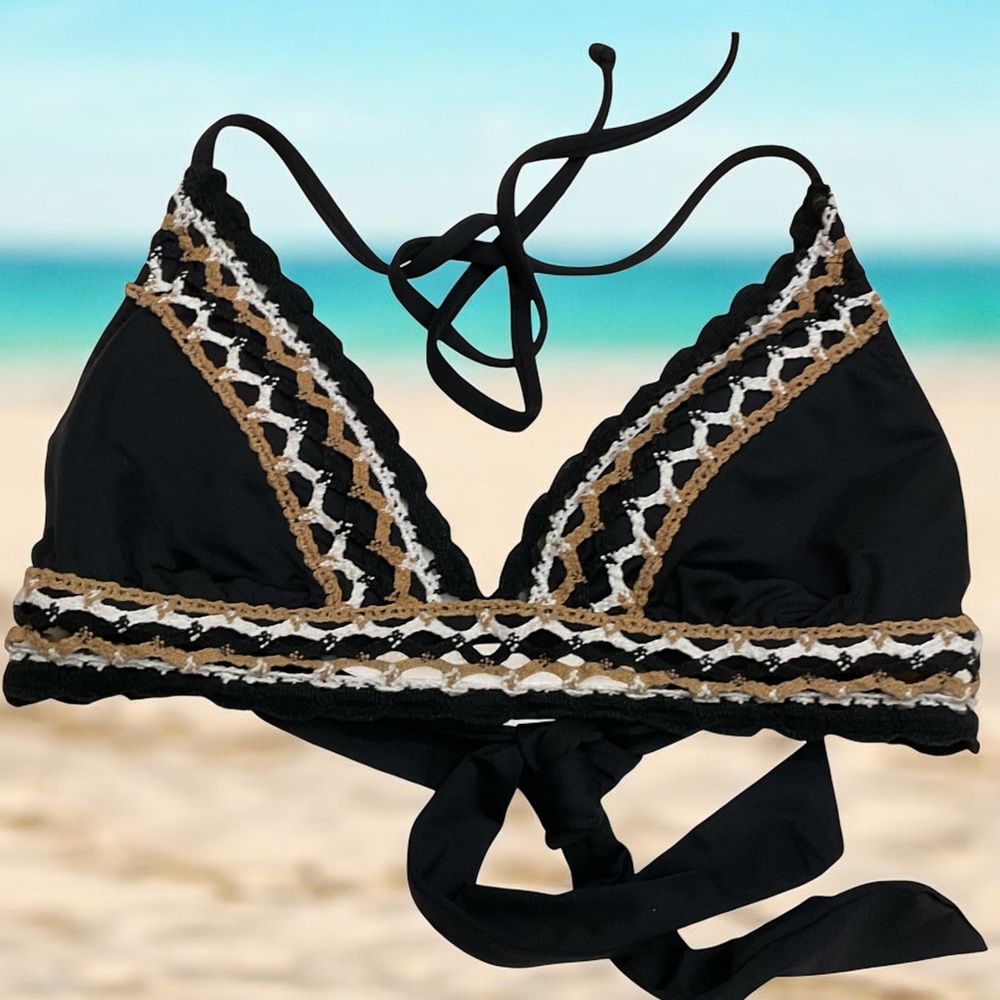 Becca Swimsuit Bikini Top, Triangle Design with Ties, Top Only, Black, Size M